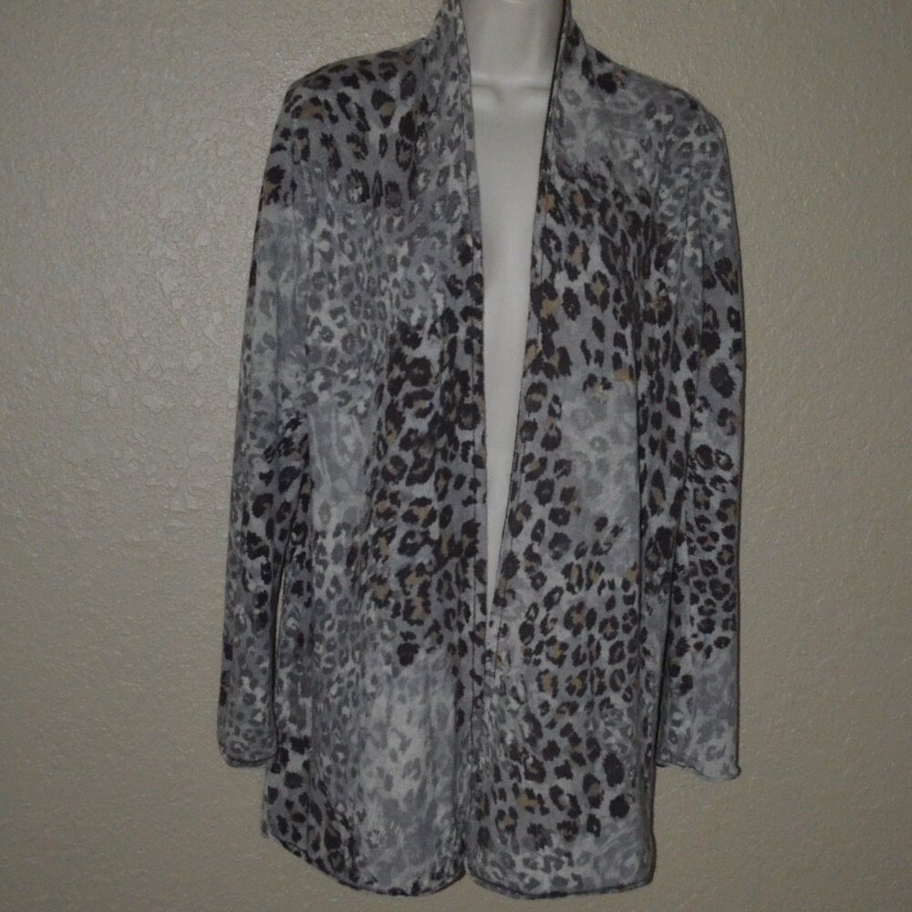 Sz S Kinross Cashmere Animal Print Reversible Open Front Cardigan Sweater
